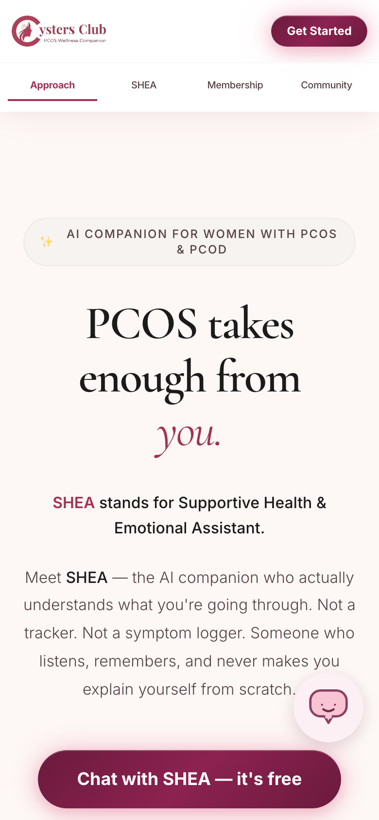 Cysters Club website showing SHEA, its AI companion for women with PCOS and PCOD